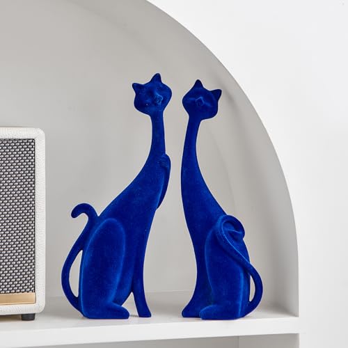 Navy Blue Cat Statue Couple Figurines - Modern Resin Table Decor for Living Room Office