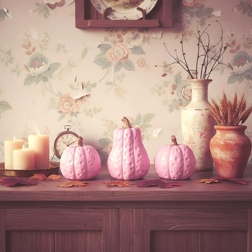 Pink Fall Pumpkin Decor Set - 3 Resin Halloween Autumn Figurines