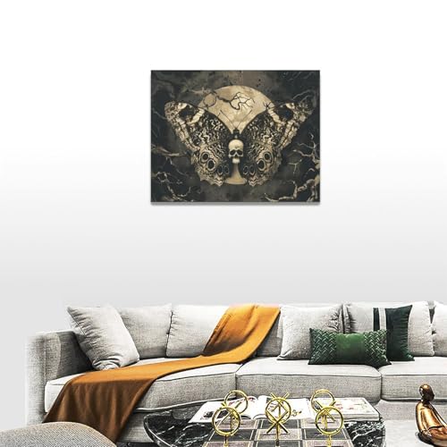 Gothic Skull Wall Art Canvas - Spooky Skeleton Butterfly Decor 16x12 Inch - Halloween Home Artwork