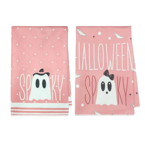 Pink Ghost Halloween Kitchen Towels Set - Fall Spooky Dishcloths, 2 Pack