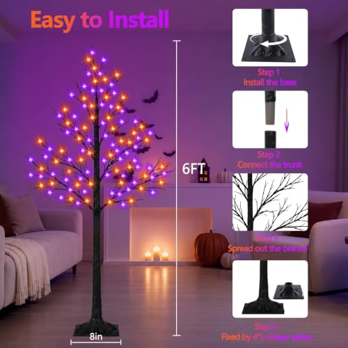 Lighted Halloween Artificial Tree Set - 6FT Black Birch with Orange & Purple LED Lights