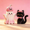Pink Halloween Decor Set - Wooden Tabletop Figurines with Ghost, Pumpkin & Black Cat - Variation 2