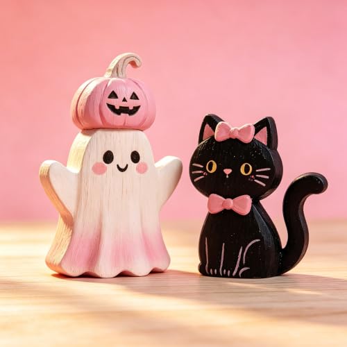 Pink Halloween Decor Set - Wooden Tabletop Figurines with Ghost, Pumpkin & Black Cat - Variation 2