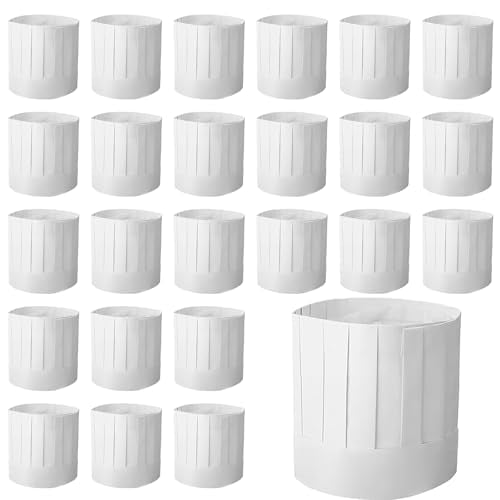 24 Pack Disposable Chef Hats - 9 Inch Adjustable Tall White Paper Kitchen Caps
