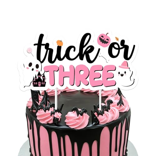 Halloween Themed Cake Topper Pink Trick or Three 3rd Birthday Decorations