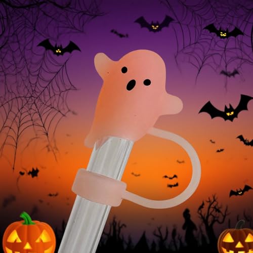 Luminous Halloween Ghost Straw Covers Set for 30 & 40 Oz Tumblers - Silicone Drink Topper