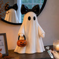 Large 14-Inch Lighted White Ghost Figurine with Pumpkin Lantern & Remote Timer - Halloween Decor Variation of Ghost with Pumpkin-White