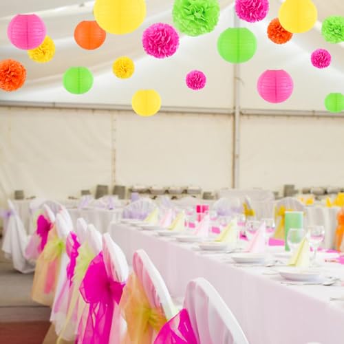 Neon Paper Lanterns and Pom Poms Glow Party Decorations - 15pcs - Neon