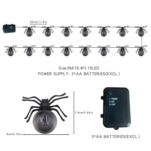 Large Purple Spider Halloween String Lights with Timer - Battery Powered Waterproof Decor