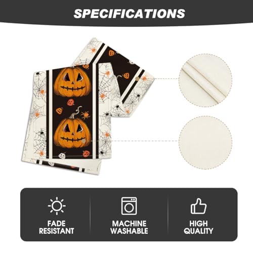 Halloween Jack-O'-Lantern Pumpkins Spider Web Table Runner 13x120 Inch Black Beige