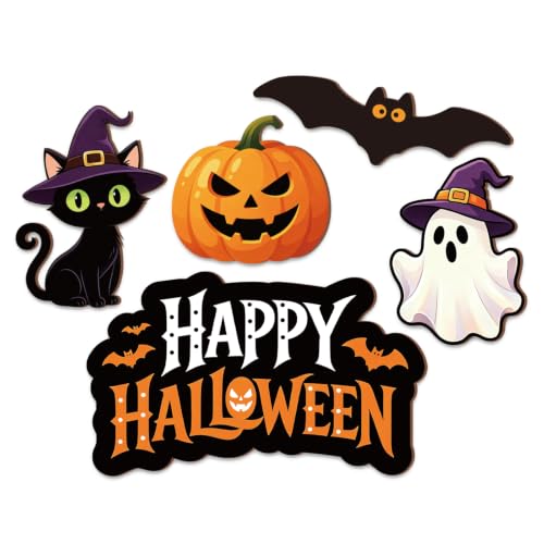 Halloween Ghost Bat Pumpkin Wooden Wall Art Decor with Cat Variation