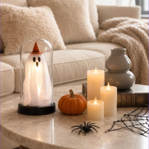 Light Up Ghost in Glass Cloche Halloween Decor - Yellow Hat Variant
