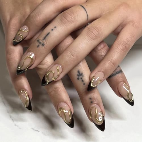 Black French Tip Press On Nails Almond Stiletto - Nude Glossy Fake Nails A07-Black