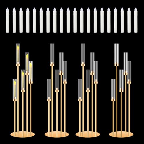 Floor Candelabra Set with LED Candles - 4 Tall Metal Candle Holders for Weddings & Home Decor - Varying Heights, 20 LED Candles, With LED Candle / 4