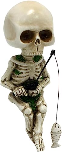 Mini Skeleton Fishing Garden Statue - White Resin Home Decor Sculpture