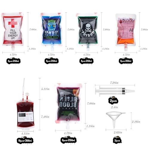 Halloween Blood Bag Drink Set - 50 Reusable 10oz IV Style Party Favors with Syringe & Funnel - Style1