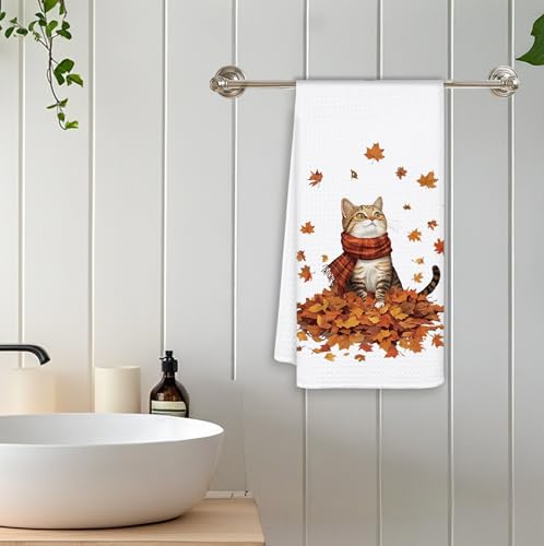 Fall Cat Kitchen Towels - Cat Maple Leaf Autumn Hand Towels for Kitchen & Bathroom - Variation of Cat Fall