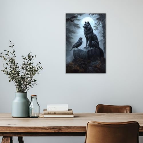 Wolf Raven Wall Art Canvas Print - Gothic Nature Wildlife Decor, 24x16 Inches - Variation Wolf-04