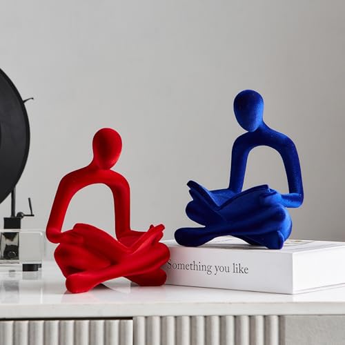 Red Flocked Thinker Statue Decor - Modern Abstract Reading Figurine for Living Room & Office - Gift for Book Lovers