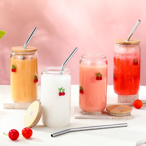4-Pack Cherry Icon Glass Tumblers with Lid Straw & Brush - 17 oz Drinkware