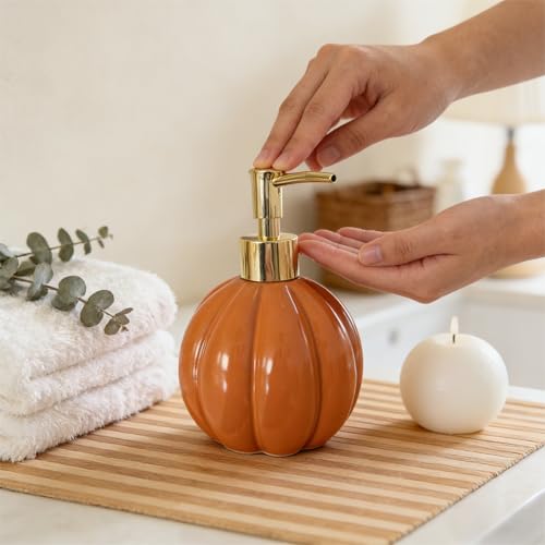 Halloween Pumpkin-Shaped Ceramic Soap Dispenser with Golden Pump - Orange