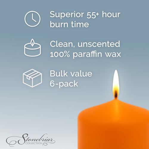 Orange Unscented Pillar Candles - 3x6 Inches, Pack of 6, Long-Lasting 55 Hour Burn