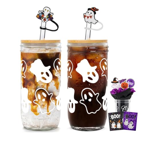 White Ghost Halloween Mason Jars – 24 oz Set with Lids & Straws, Spooky Decor for Adults