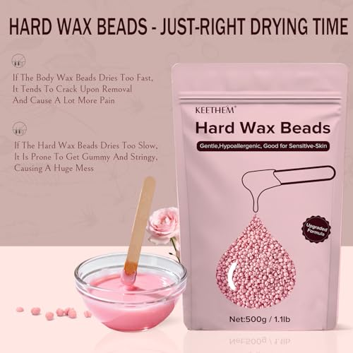 Keethem Hard Wax Beads for Sensitive Skin - Rose, 1.1lb Full Body Waxing Kit with 20 Sticks