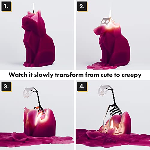 Pyropet Kisa Cat Candle with Skeleton Inside - Burgundy, 20-25 Hour Burn, Sculptural Geometric Cat Art