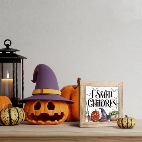 Halloween Decor Signs - I Smell Children Sign - Style 16 - Wooden Box Sign for Halloween Party & Fall Autumn Home Decor - 5.9x5.9x0.7 Inches