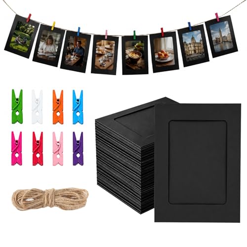 48PCS Black Paper Photo Frames with Clips & String - DIY Wall Display Set - Evechole