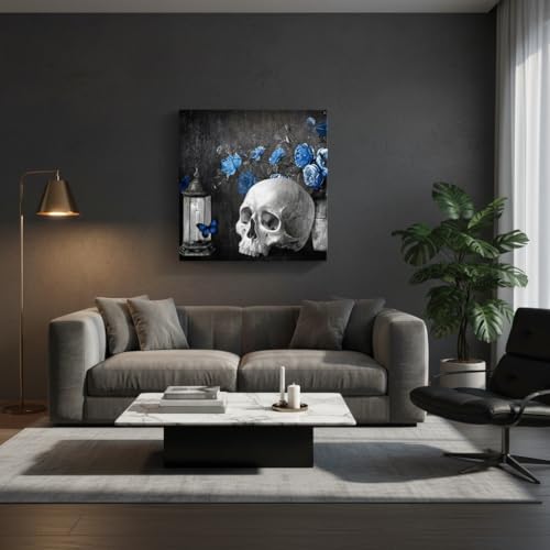 Skull Wall Art Canvas - Skeleton with Blue Rose Rustic Home Decor