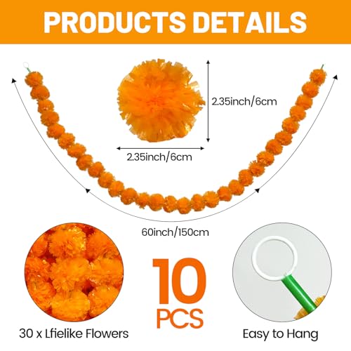 Artificial Marigold Garland for Decoration - 10 Pack, 5 Feet Orange Flowers