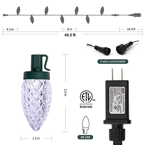 Outdoor White C9 String Lights - 50 LED Fairy Lights for Christmas & Holiday Decor, 33FT Extendable Safe Power Adapter