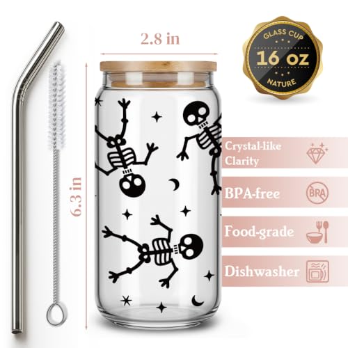 Halloween Skeleton Glass Cup with Lid & Straw - 16 Oz Fall Gift - Variation of clean-10