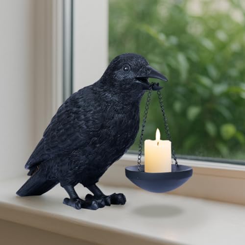 Gothic Crow Candle Holder - Raven Tealight Lamp for Halloween Decor, Black Resin Bird Statue
