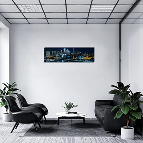 Philadelphia Skyline Wall Art Canvas Prints Night Cityscape Blue 14x48 with Frame - Blue Night Schuylkill River