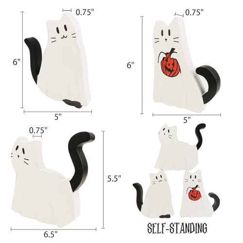 Halloween Ghost Cat Wood Signs Set - Rustic Farmhouse Decor, 3 Pieces