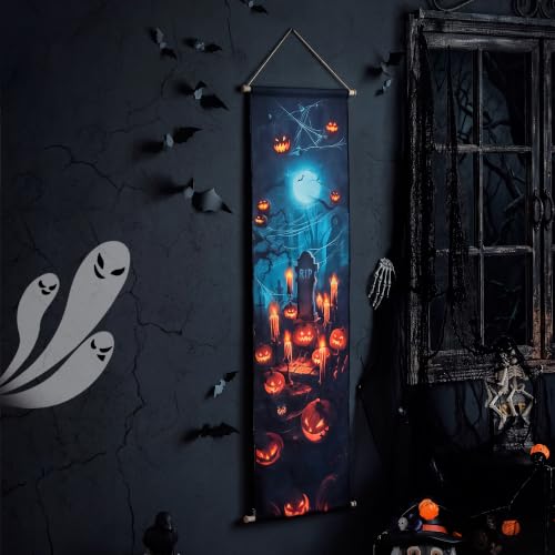 Halloween LED Canvas Backdrop - Graveyard Scene with Pumpkin & Pumpkin in Front of the Tombstone Variation