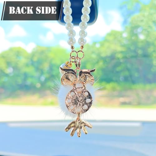 Car Rearview Mirror Decoration - Sparkling Owl with Pom Pom and Pearl Chain - White Variation