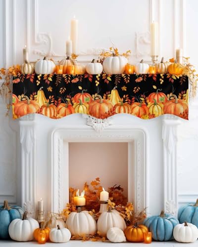 Mantel Scarf 70x17 Inch Fall Pumpkin Thanksgiving Autumn Leaves Fireplace Cover - Orange Red Black Variation