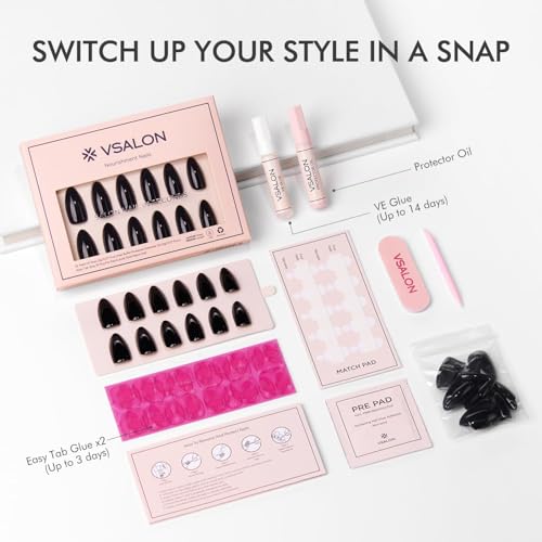 Enchanting Night Medium Black Almond Press-On Nails - Glossy Reusable False Nails Set with Glue & Cuticle Oil