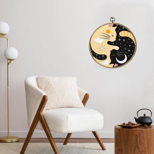 Black Cat Sun and Moon Round Wall Decor - 10.2x10.2 Inch Framed Canvas Art for Home & Office