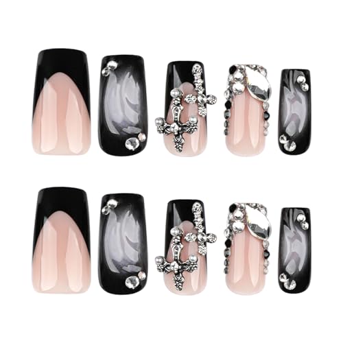 MISUD Long Square Press on Nails with Goth Black French Tip Cross Design - 24 Pcs, Variation 099A01Black