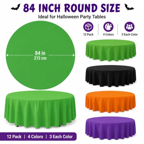 12 Pcs Halloween Plastic Round Tablecloths - Black, Purple, Orange & Green, 84 Inch Disposable Cover Set