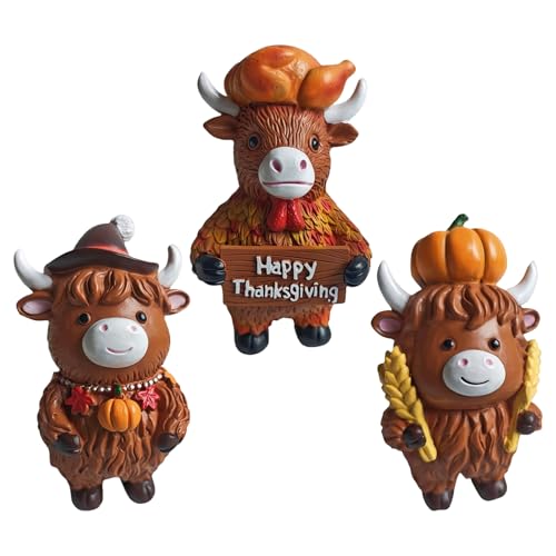 Thanksgiving Highland Cow Figurines - 3 Piece Resin Farmhouse Decor Set