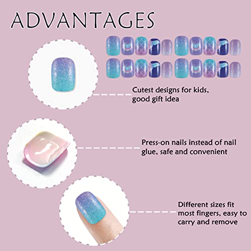 Children Press On Nails Set - Full Cover, 64pcs, Blue Purple Mermaid Variation