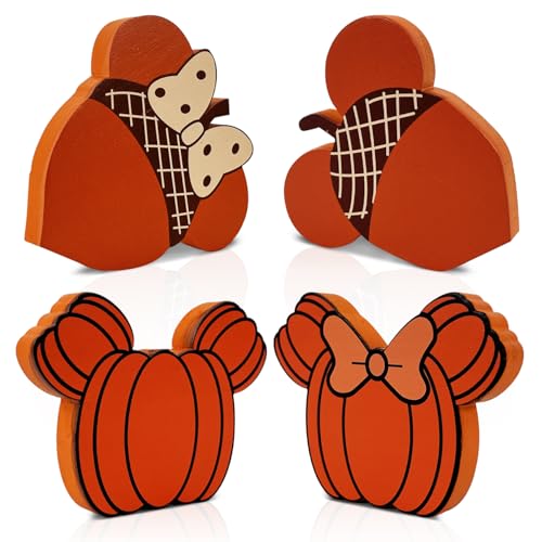 Thanksgiving Fall Wooden Sign Set - 4 Cute Pumpkin Mouse Decor for Home & Table