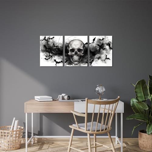 Black and White Skull Wall Art Set - Gothic Halloween Home Decor 12x16 Inch 3 Pieces