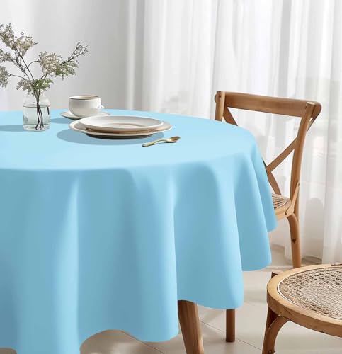 Light Blue Round Plastic Tablecloth 84 Inch Waterproof Disposable for Parties and Events